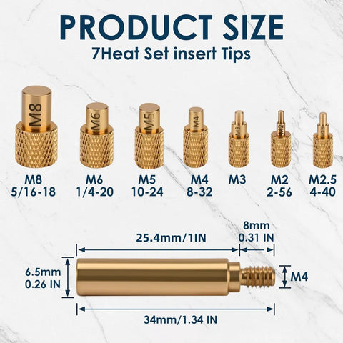 Heat Set Insert Tips For 3D Printer Projects, Compatible With Weller SP40NKUS, Hakko FX 888D, Brass, M2 to M8 Inserts Displayed