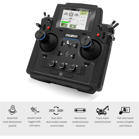 Top Tier 18 Channel RC Transmitter With 3.5 Inch TFT Touchscreen and Crisp 5D Hall Sensor Gimbals, close-up view.