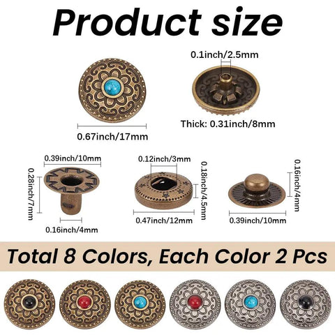Flower Snap Button Kit With 16 Sets In 8 Styles Vintage Metal Flat Round Floral Fasteners For Sewing DIY Crafts Garment Making Mixed Color Alloy Buttons For Clothes And Decorations, 17mm size