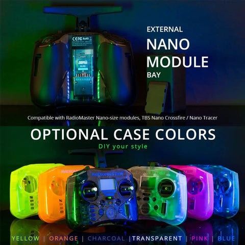 Pocket EdgeTX Gimbal Transmitter with optional colored cases, showing nano module bay and ExpressLRS compatibility.
