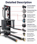 Detailed view of Heavy Duty 661 Lb Electric Pallet Stacker with Adjustable Forks Remote Control Material Lift Mini Forklift.