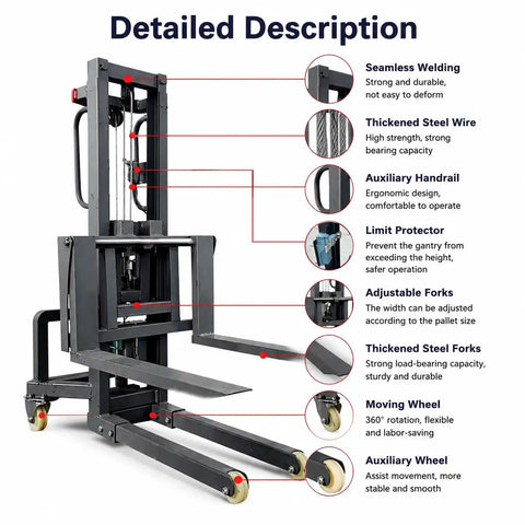 Detailed view of Heavy Duty 661 Lb Electric Pallet Stacker with Adjustable Forks Remote Control Material Lift Mini Forklift.