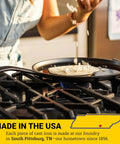 Round Cast Iron Griddle Pan 10.5 Inch Pre Seasoned Non Toxic PFAS Free Cookware on stovetop with tortilla cooking