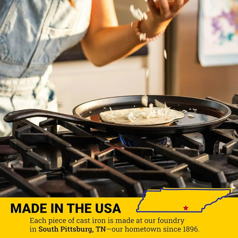 Round Cast Iron Griddle Pan 10.5 Inch Pre Seasoned Non Toxic PFAS Free Cookware on stovetop with tortilla cooking