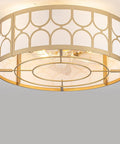 Padxpouo Gold Caged Fandelier Ceiling Fans with Lights, close-up view of modern flush mount design with light.