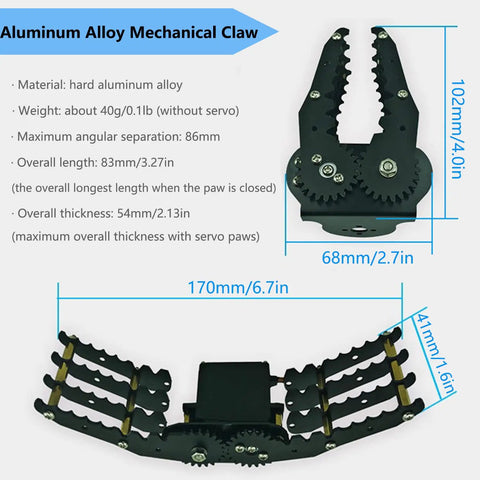 Heavy Duty Metal Robotic Arm Gripper With High Torque MG996R Servo For Arduino And Raspberry Pi DIY Projects Educational STEM Maker Kit Solid Metal Claw Clamp For Learning And Prototyping Black, aluminum alloy claw 170mm