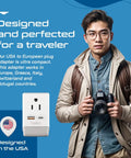 Man with camera beside Go To Travel Plug Adapter With USB C And USB Ports, Two USA Sockets, Fast Charging PD QC 3.0, Type C Outlet Adaptor Charger.