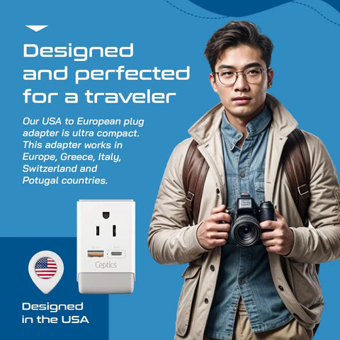 Man with camera beside Go To Travel Plug Adapter With USB C And USB Ports, Two USA Sockets, Fast Charging PD QC 3.0, Type C Outlet Adaptor Charger.