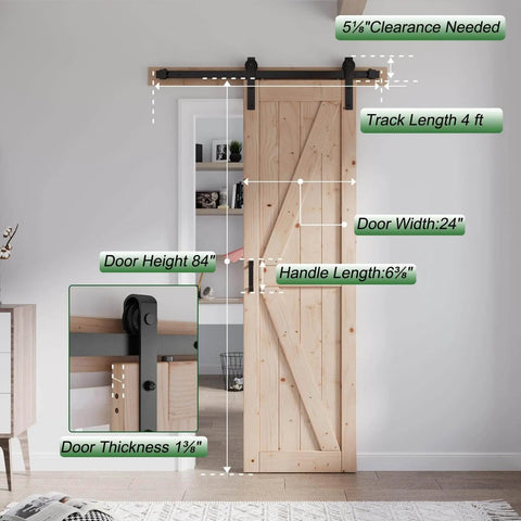 24 Inch By 84 Inch Sliding Barn Door With Hardware Kit Included Four Foot Solid Spruce Panel K Shape Wood Door For No Fuss DIY Assembly Rustic Farmhouse Style Interior Room Divider installed view with dimensions.