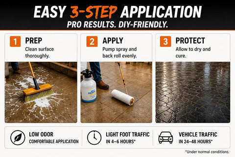 Easy 3-step application for Pro Level Water Based Concrete Sealer With Semi Gloss Finish And Super Color Boost for driveways.