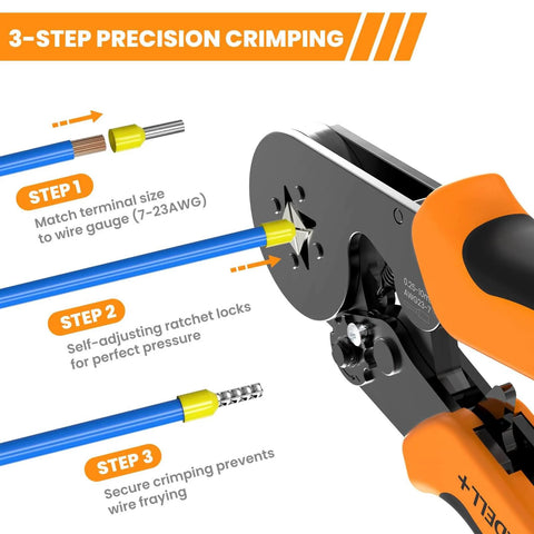 Ferrule Crimping Tool Self Adjusting Ratchet For AWG 23 To 7 Wire Square Ferrule Kit with step-by-step crimping guide