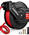 No More Snagging Lines, Retractable Air Compressor Hose Reel With Auto Rewind For 50 Foot 300 PSI, with 50ft red hybrid hose.