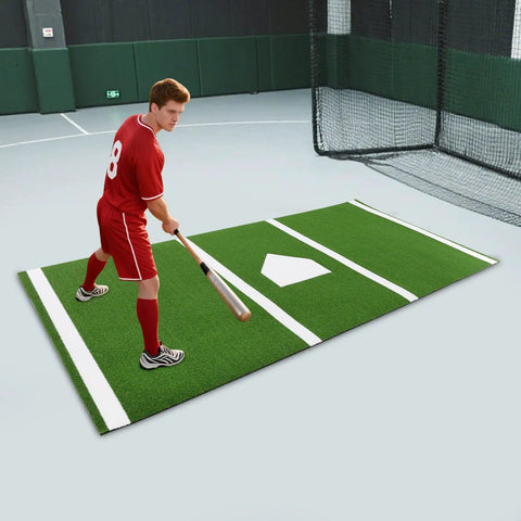 Player on Baseball Hitting Mat 9.8 By 4.9 Feet Pro Grade Durable Batting Cage Turf With Home Plate And White Lines Portable