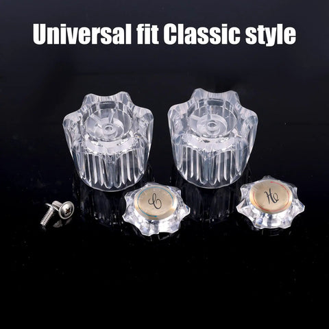 Two Piece Clear Acrylic Shower Knob Replacements Kit With Hot And Cold Diverter Knobs For Quick Install Fits Most Bathtub Shower Faucets No Hassle Screw On Replacement Durable Heat Resistant Handle Hardware displayed on black background