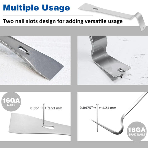 Seven Eighths Inch Wide Mini Stainless Steel Pry Bar with flat end showing nail slot design for 16GA and 18GA nail removal