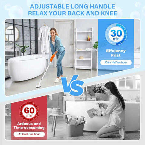 Woman using 3 in 1 Tub Tile Scrubber Set With 51.5 Inch Long Handle to clean bathtub, comparison with manual cleaning in lower image.