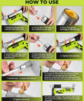 Step-by-step usage guide for Cordless 12000 PSI Electric Grease Gun Kit with Dual 2.0Ah Batteries showing parts and functions.