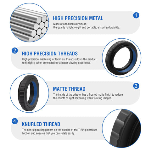 T2 T Ring Camera Adapter For Canon EOS SLR DSLR Cameras And Telescopes Metal Photo Adapter showing high precision thread details