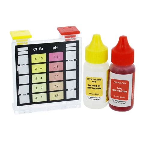 Keep Your Pool And Spa Waters Crystal Clear With This Pro 3 Way Test Kit includes OTO and phenol red test solutions in plastic case.