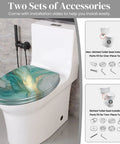 Elongated Resin Toilet Seat for Bathroom shown on a toilet, includes installation accessories for skirter and non-skirter designs.
