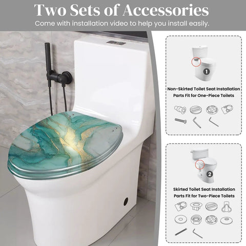 Elongated Resin Toilet Seat for Bathroom shown on a toilet, includes installation accessories for skirter and non-skirter designs.