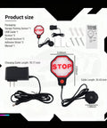 Adjustable LED Garage Parking Sensor With Dual Power Hookups And Glowing Color Coded Warning Lights portable kit showing parts, sizes, and details.