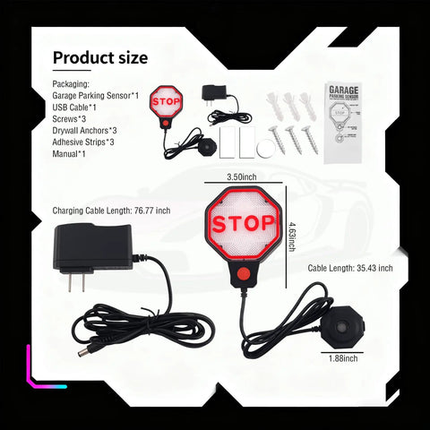 Adjustable LED Garage Parking Sensor With Dual Power Hookups And Glowing Color Coded Warning Lights portable kit showing parts, sizes, and details.