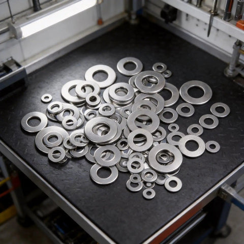 105-Piece Stainless Steel Flat Washer Set For Metric Sizes M3 M5 M6 M8 M10 Gasket Rings No Fuss For Home Improvement Outdoor Projects And Furniture Assembly Rust Resistant Durable With Smooth Edges, assorted washers on workbench