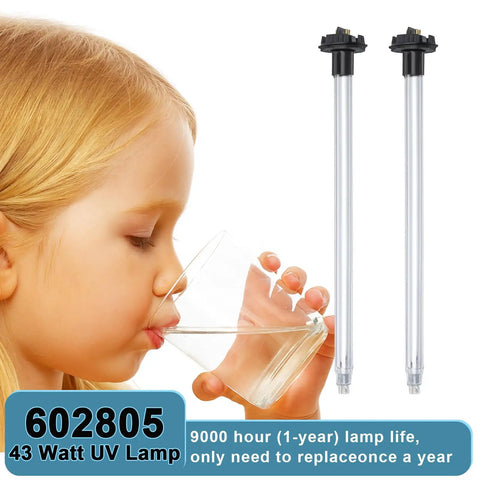 2 Pack UV Water Purification Lamp Bulb 43W 4 Pin For Trojan Max C C4 D Plus D4 Plus shown with child drinking water