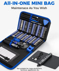 Mini Electric Screwdriver Set 140-In-1 for DIY Pros, Cordless Kit open case showing 120 precision bits, tools, and USB charger