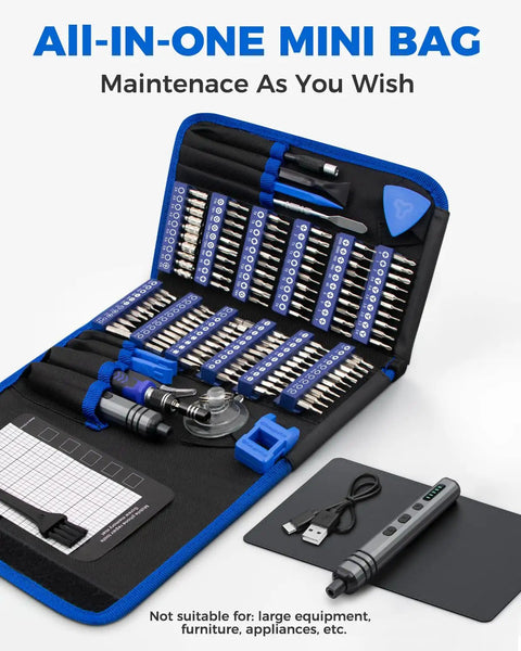 Mini Electric Screwdriver Set 140-In-1 for DIY Pros, Cordless Kit open case showing 120 precision bits, tools, and USB charger