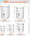 Diagram of Thick Borosilicate Glass Beaker And Graduated Cylinder Kit With Stirring Rod. Includes 50ml, 100ml, 250ml, 500ml, 1000ml sizes.