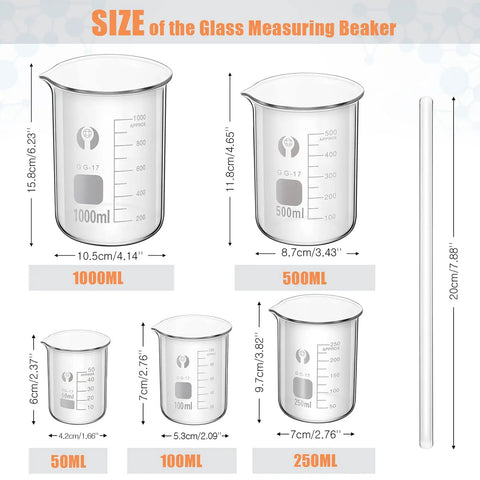 Diagram of Thick Borosilicate Glass Beaker And Graduated Cylinder Kit With Stirring Rod. Includes 50ml, 100ml, 250ml, 500ml, 1000ml sizes.