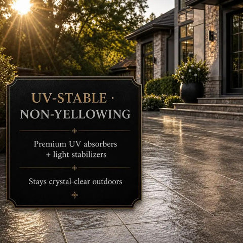 Professional Acrylic Concrete Cure And Seal For Pool Decks And Garages Locks In Moisture Stops Cracking Dusting And Spalling Knockout Performance Formula With Zero Hassle Five Gallon Container displayed outdoors in sunlight.