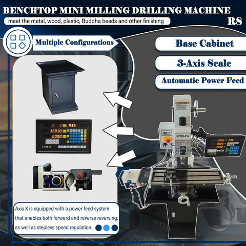 Badass 1300W Brushless Milling And Drilling Machine With R8 Taper Power Feed And Three Axis DRO 50 To 2250RPM Variable Speed, display with base cabinet and controls.