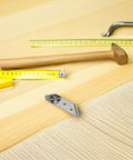 Heavy Duty Stainless Steel Corner Brackets Three Sided Corner Braces For Wood Frames And Shelves with tools on wooden surface