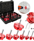 9 Piece PVC Pipe Reamer Kit with Aluminum Head and 2 Blades for SCH40 Fittings, various size reamers, tool case, close-up view