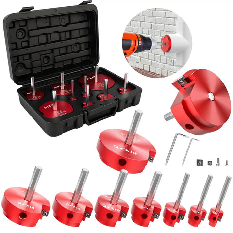 9 Piece PVC Pipe Reamer Kit with Aluminum Head and 2 Blades for SCH40 Fittings, various size reamers, tool case, close-up view