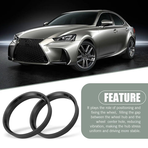 Heavy Duty Hub Centric Rings 2.87 Inch OD 2.36 Inch ID Wheel Centering Reducer Sealing Adapters for Small Passenger Cars Black displayed with silver sedan.