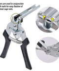 Type M Hog Nail Ring Pliers Kit With 2400 M Clips For Fence Fastening, shown with close-up of clip insertion and handle design.