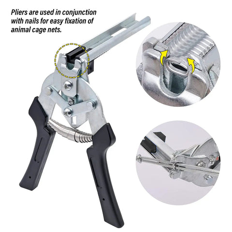 Type M Hog Nail Ring Pliers Kit With 2400 M Clips For Fence Fastening, shown with close-up of clip insertion and handle design.