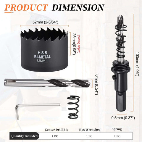 Front view of black METALLIXITY Bi-Metal hole saw 52mm kit with center drill bit, hex wrenches, and spring.