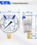 Glycerin Filled 2.5 Inch Pressure Gauge 0 to 300 Psi and 0 to 2000 kPa 304 Stainless Steel Case with dimensions shown
