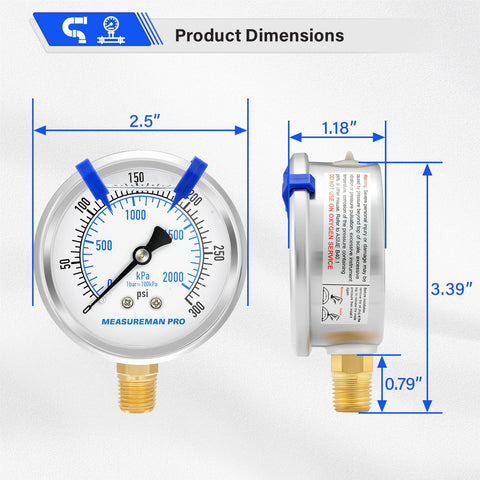 Glycerin Filled 2.5 Inch Pressure Gauge 0 to 300 Psi and 0 to 2000 kPa 304 Stainless Steel Case with dimensions shown