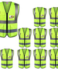 Bulk pack of 10 high visibility safety vest with pockets for outdoor work cycling jogging and walking unisex neon yellow reflective vest ANSI ISEA 107-2015 compliant ultra lightweight breathable mesh with 2 inch reflective strips fits men and women XL