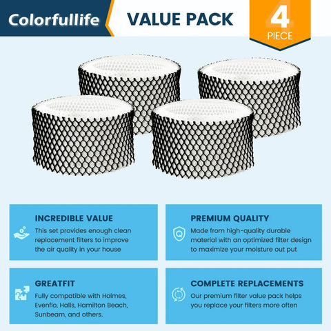 4 Pack HWF62 Humidifier Filter A Replacement For Holmes Sunbeam Humidifier displayed with packaging highlights