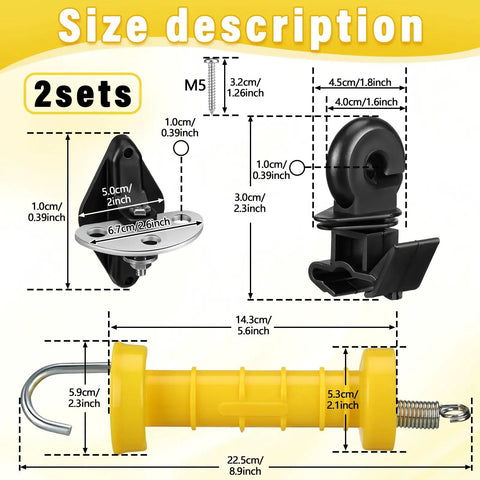 Size description of Two Sets Electric Fence Gate Handle Kit With Anchors And Insulators with dimensions in cm and inches.