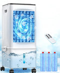 Portable Evaporative Cooler With Remote And Timer 60W Quiet 4 In 1 Swamp Cooler, ice packs, and remote visible