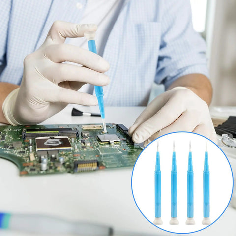 Technician using 4 Piece Plastic And Ceramic Non Conductive Slotted Screwdriver Set For Precision Electronics Repair Circuit Adjustment And Watchmaking With Top Shelf Insulation And Hella Robust Design on a circuit board.