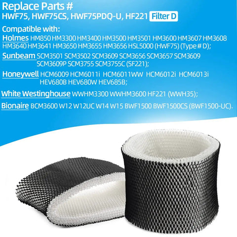 Humidifier Filter D Replacement For Holmes Sunbeam Honeywell Humidifiers 2 Pack shown with compatible models listed on blue background